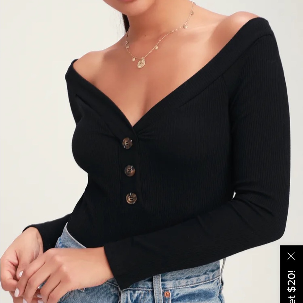Lulu’s SMALL Black Ribbed Long Sleeve Off-the-Shoulder Bodysuit